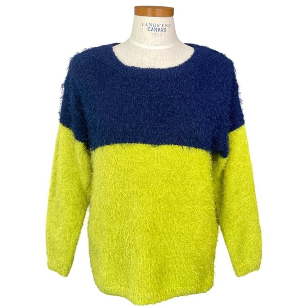 K. Jordan Faux Mohair Sweater Colorblock Blue & Lime Green SzM Long Sleeve